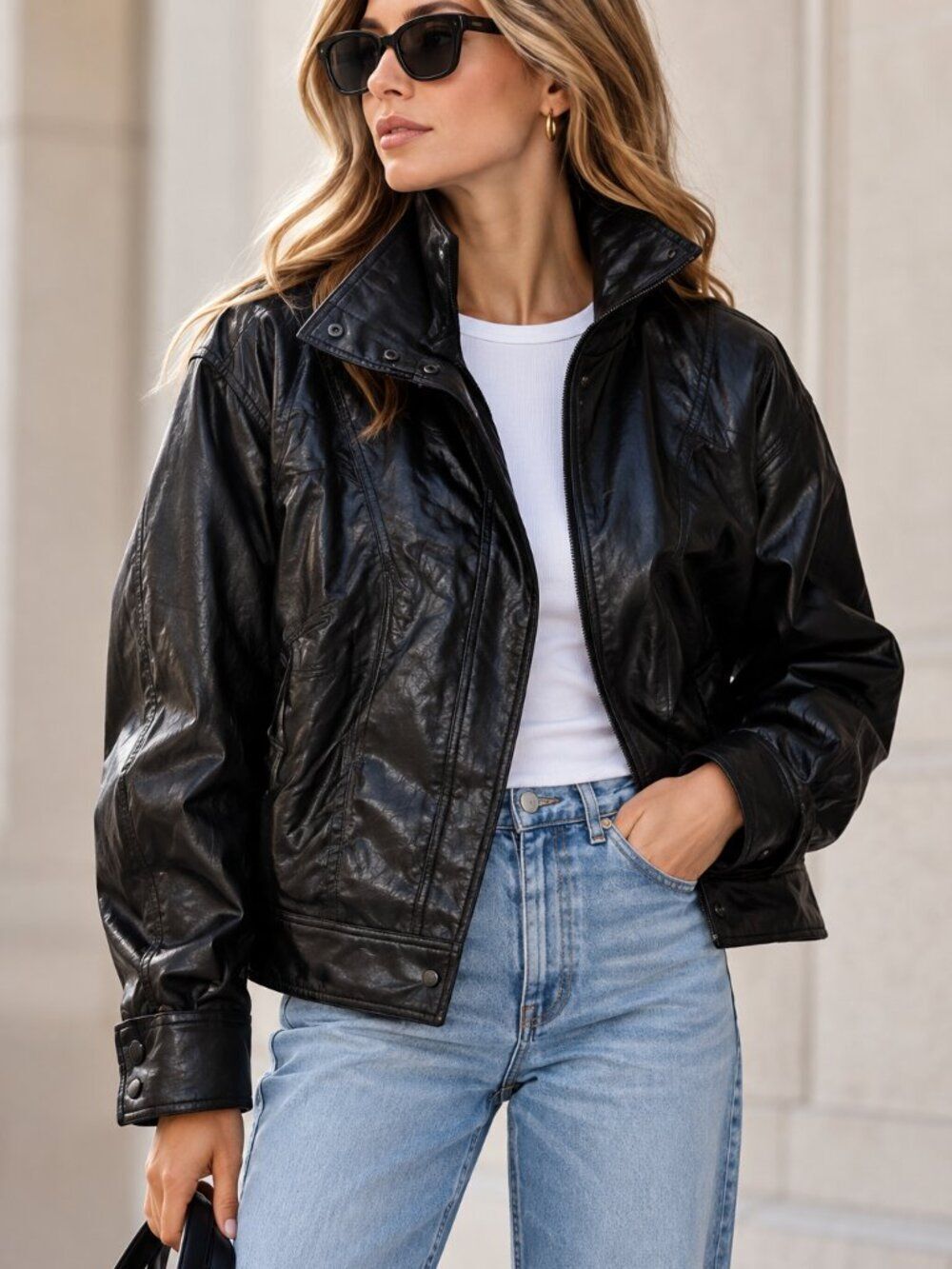 Zara Faux Leather Jacket Black High Collar Bomber Moto Biker Y2K NWT Size S